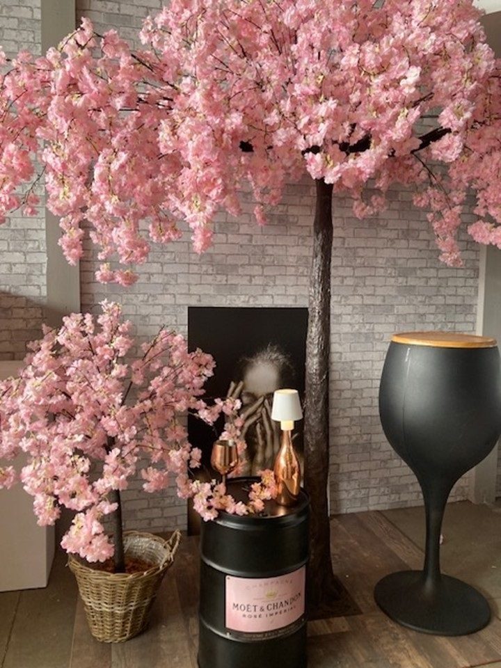 Bloesem bomen in zacht roze met champagne-decor